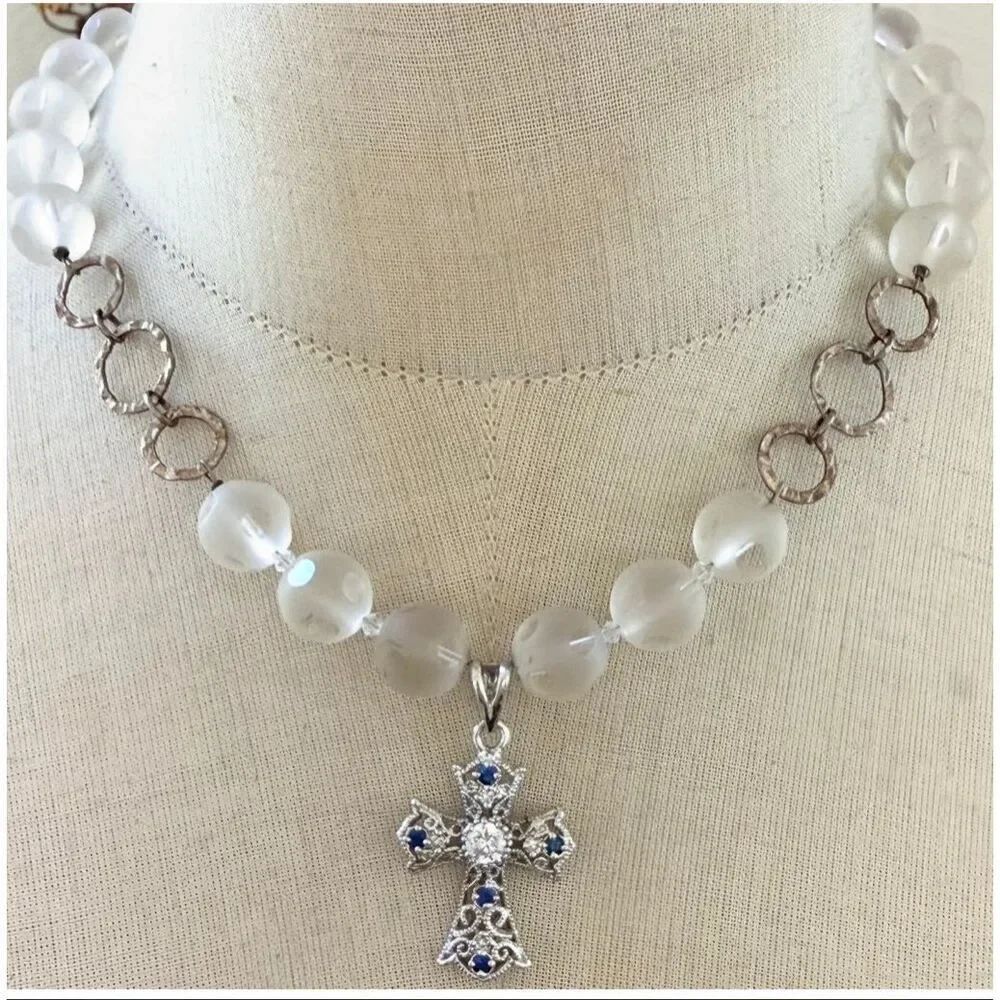 Sterling silver 925 Cross Pendant Frosted Glass Bead Necklace